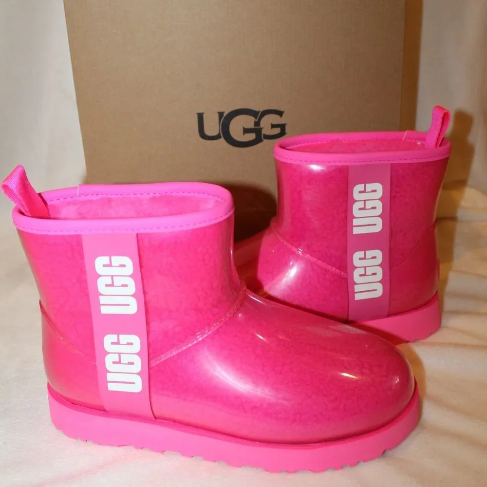 NIB UGG YOUTH  5 WOMEN'S 7 MINI CLEAR TAFFY PINK‎ ANKLE SHEARLING LINED BOOTS
